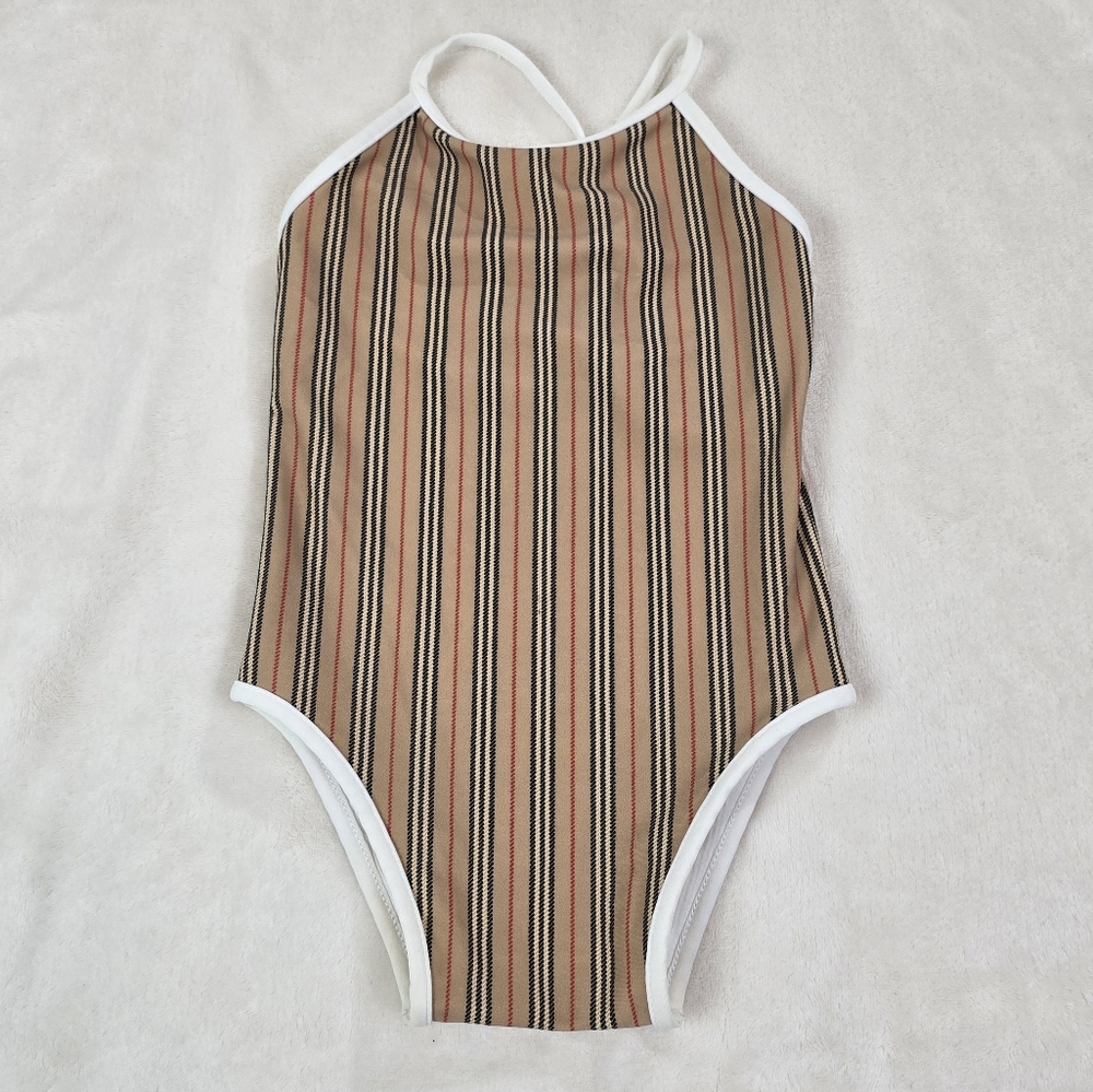 BURBERRY Girls Kids Archive Beige Stripe One-Piece Swimsuit Bathing Suit size 2y